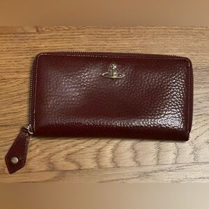 Vivienne Westwood Shiny Burgundy Pebbled Embossed Leather Zip Wallet